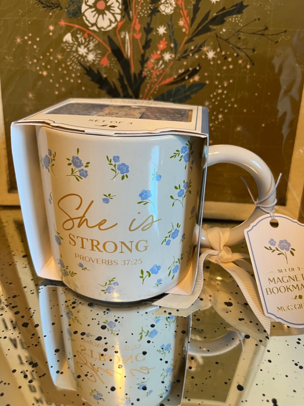 NWT She Is Strong Floral Ceramic Mug Bookmark gift set- White with Blue Flowers